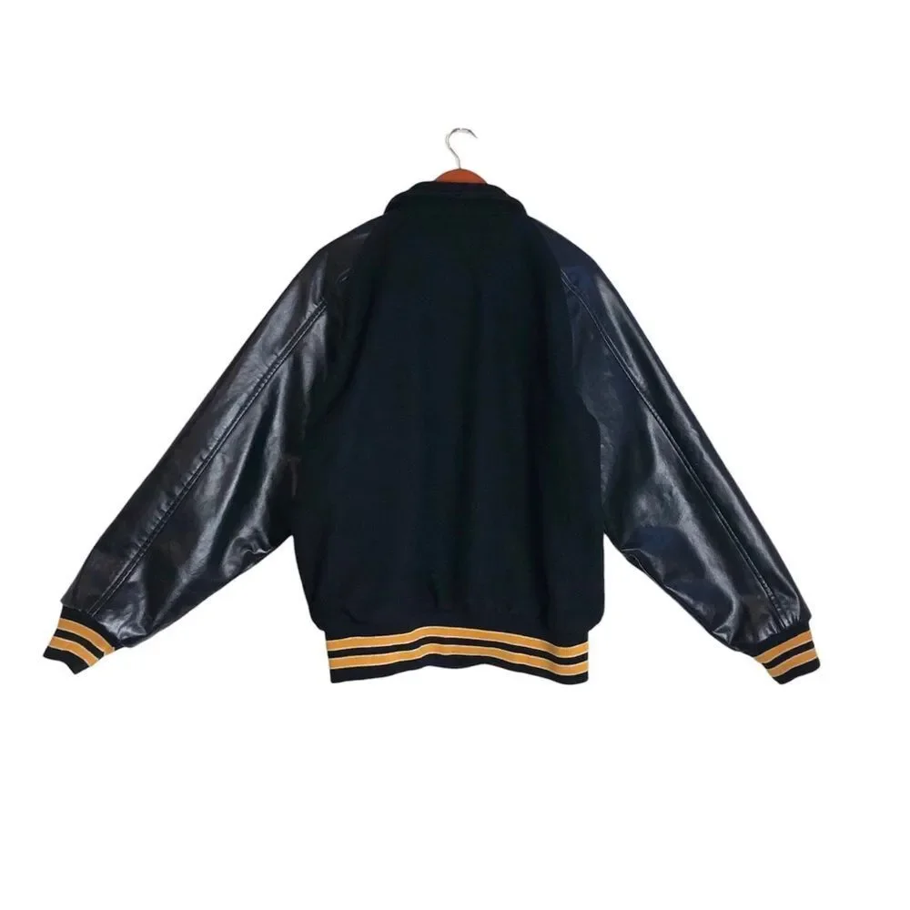 Vintage 90's Y2K Black Wool & Faux Leather Varsity Letterman Bomber Jacket